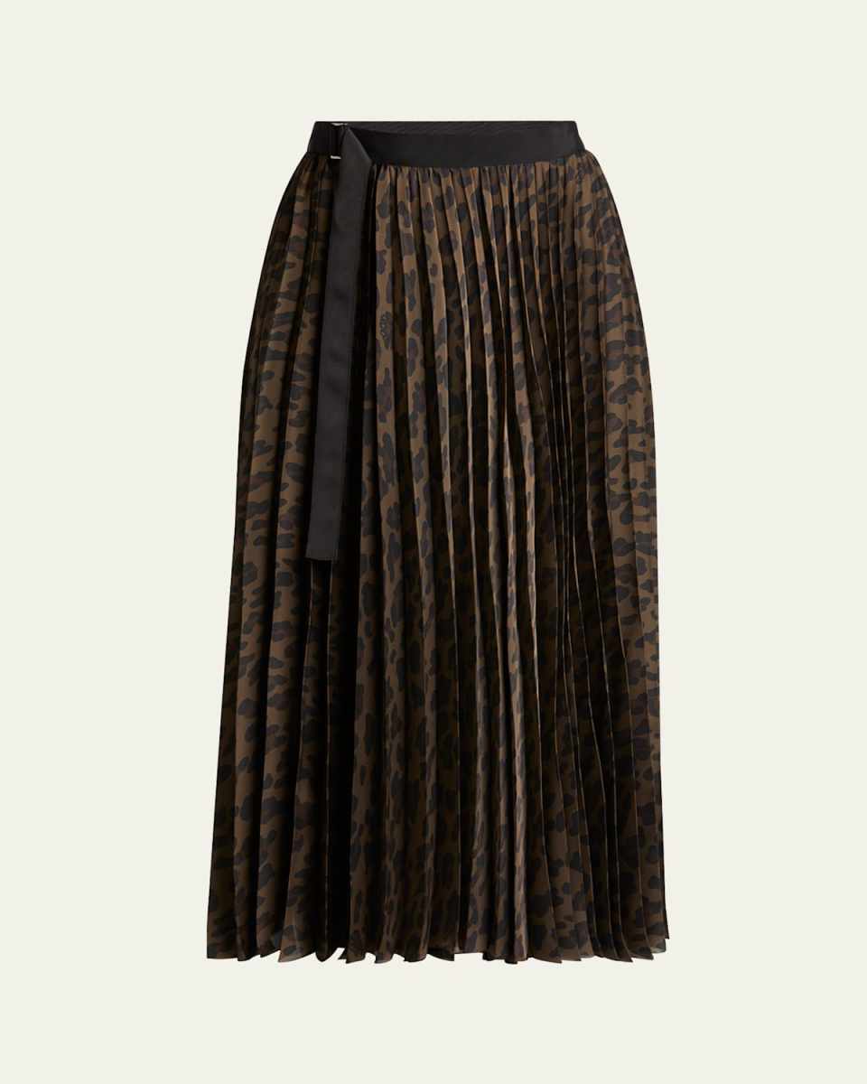 Pleated Leopard Print Belted Midi Skirt